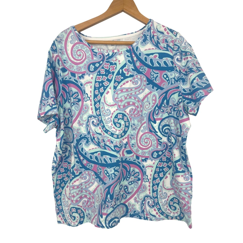Talbots Plus T-Shirt Women 2X Blue Paisley Short Sleeve Stretch Casual Tee